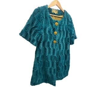 Vintage Aunt Wanda Fuzzy Teal Short Sleeve Jacket Sz S Oversized Buttons Lined